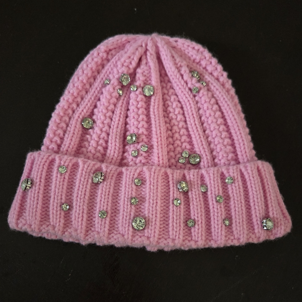BCBGeneration Pink Rhinestone Cable Knit Beanie‎ NEW